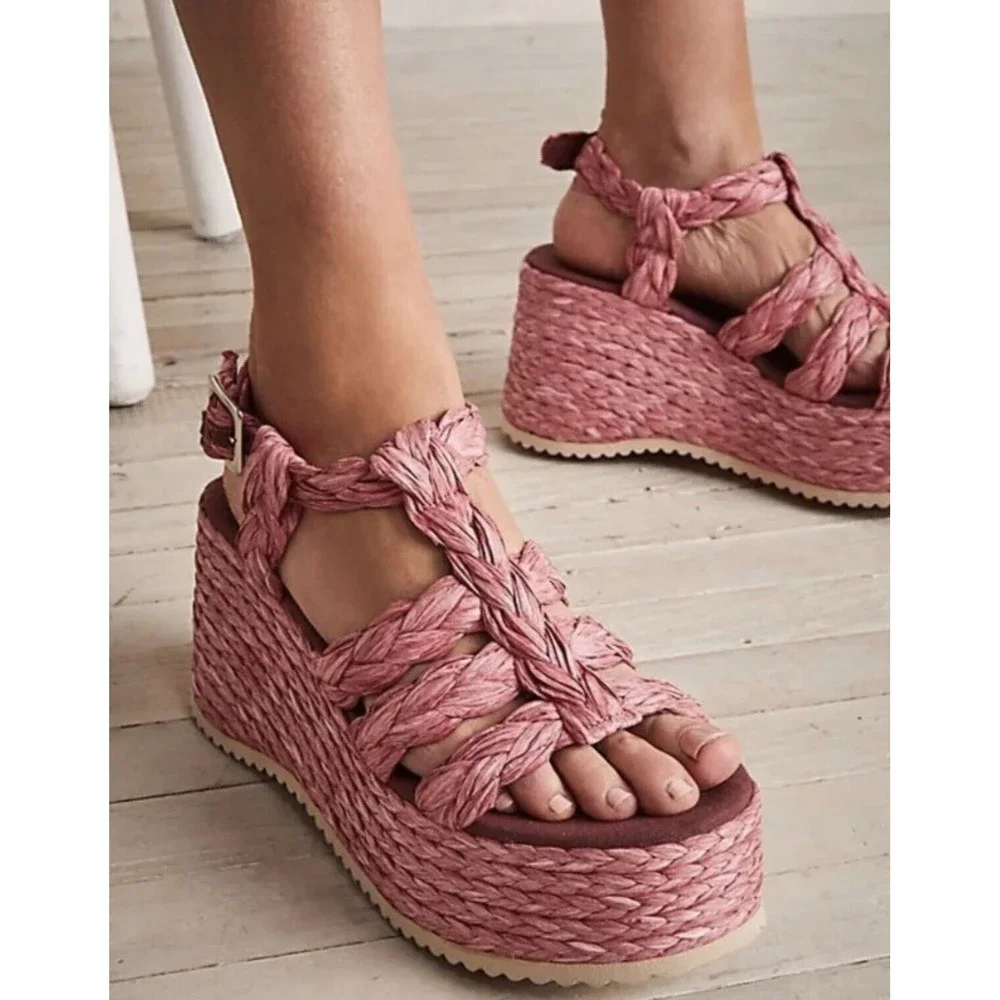 Free People Raffia Rendevous Platform Sandal Pink Braided Weave Buckle 39/9 NEW